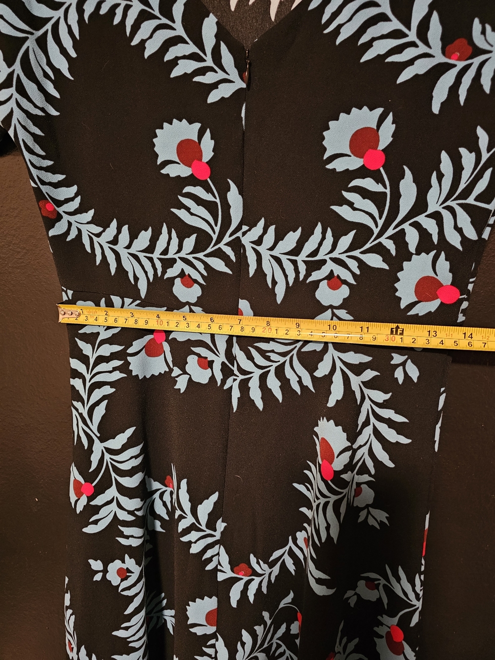 Boden Black Midi Dress with Light Blue Vine Print and Red Floral Accents - Picture 6 of 12